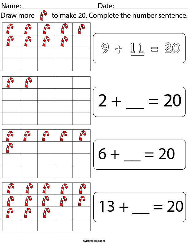Draw More Candy Canes to Make 20 Math Worksheet Twisty Noodle